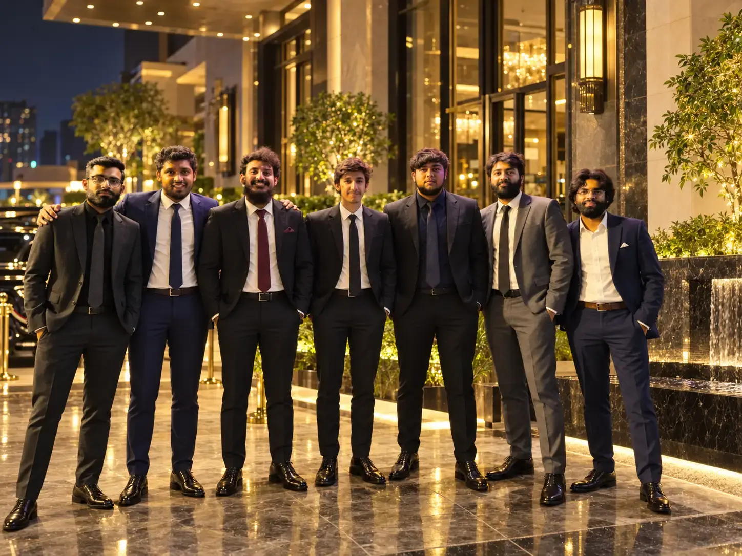 The Data Prism team in formal wear outside a hotel at night