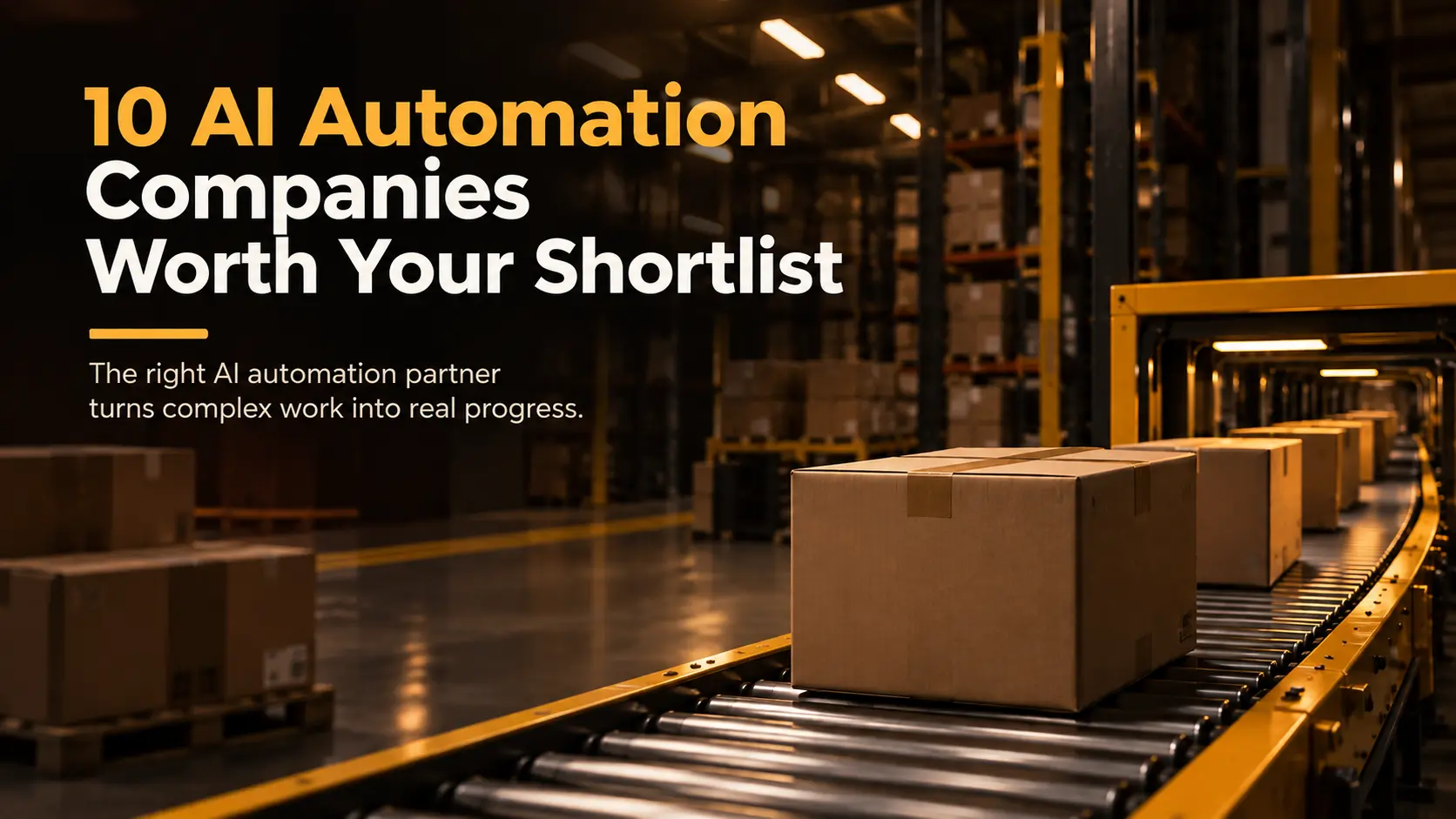 10 AI Automation Companies Worth Your Shortlist Warehouse conveyor with packages illustrating a shortlist of 10 AI automation companies for improving complex business operations.