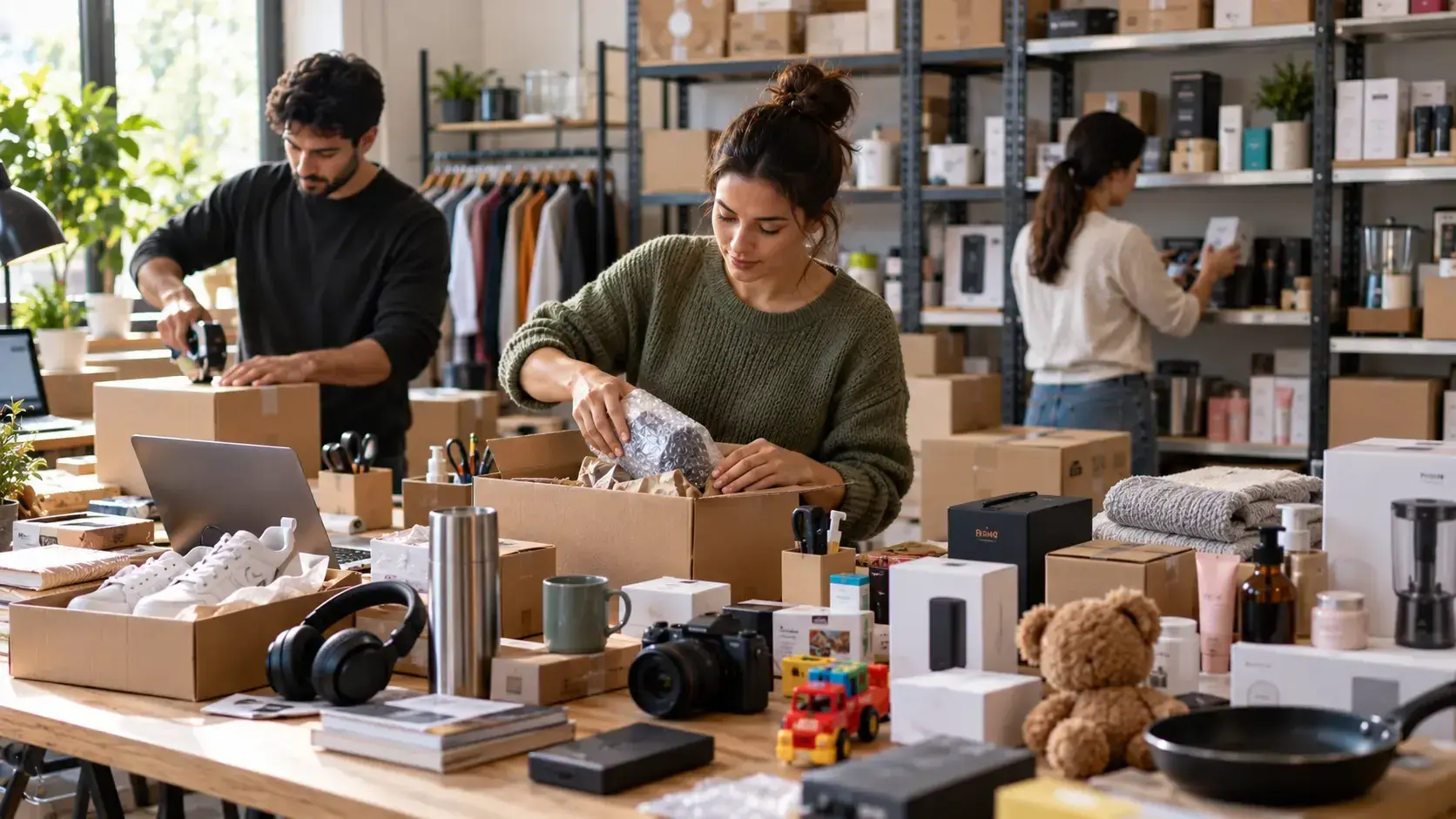 E-commerce team packing a variety of consumer products for online marketplace orders
