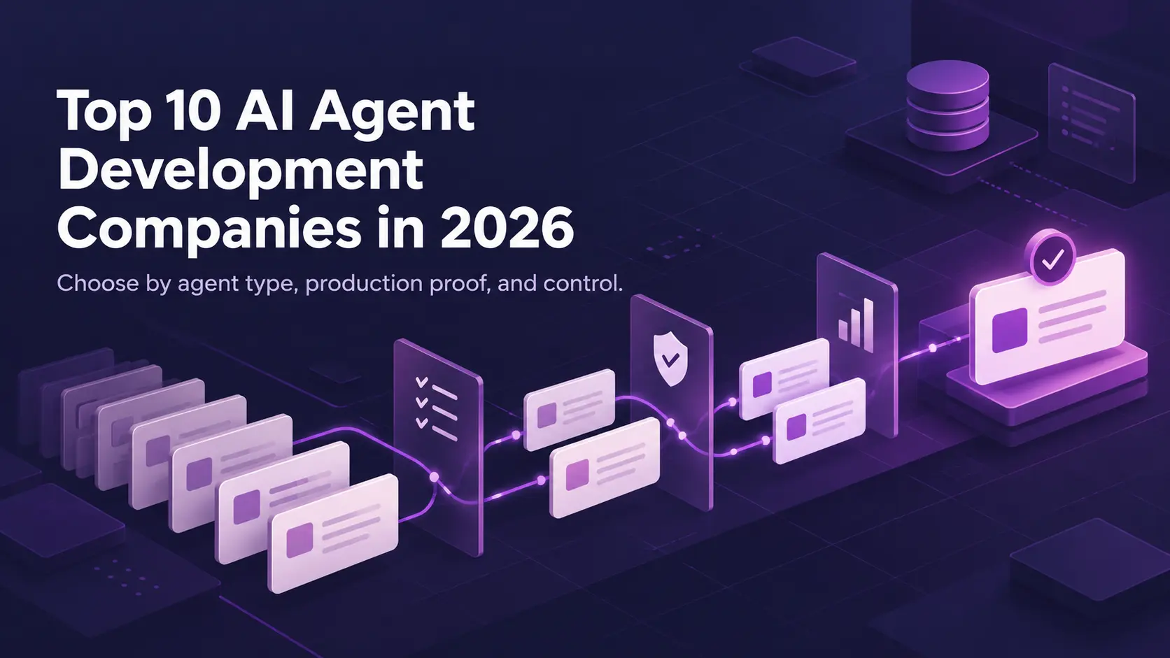 Top 10 AI Agent Development Companies in 2026 Cards moving through checklist, shield, and chart checkpoints toward an approved agent output beside a database icon.