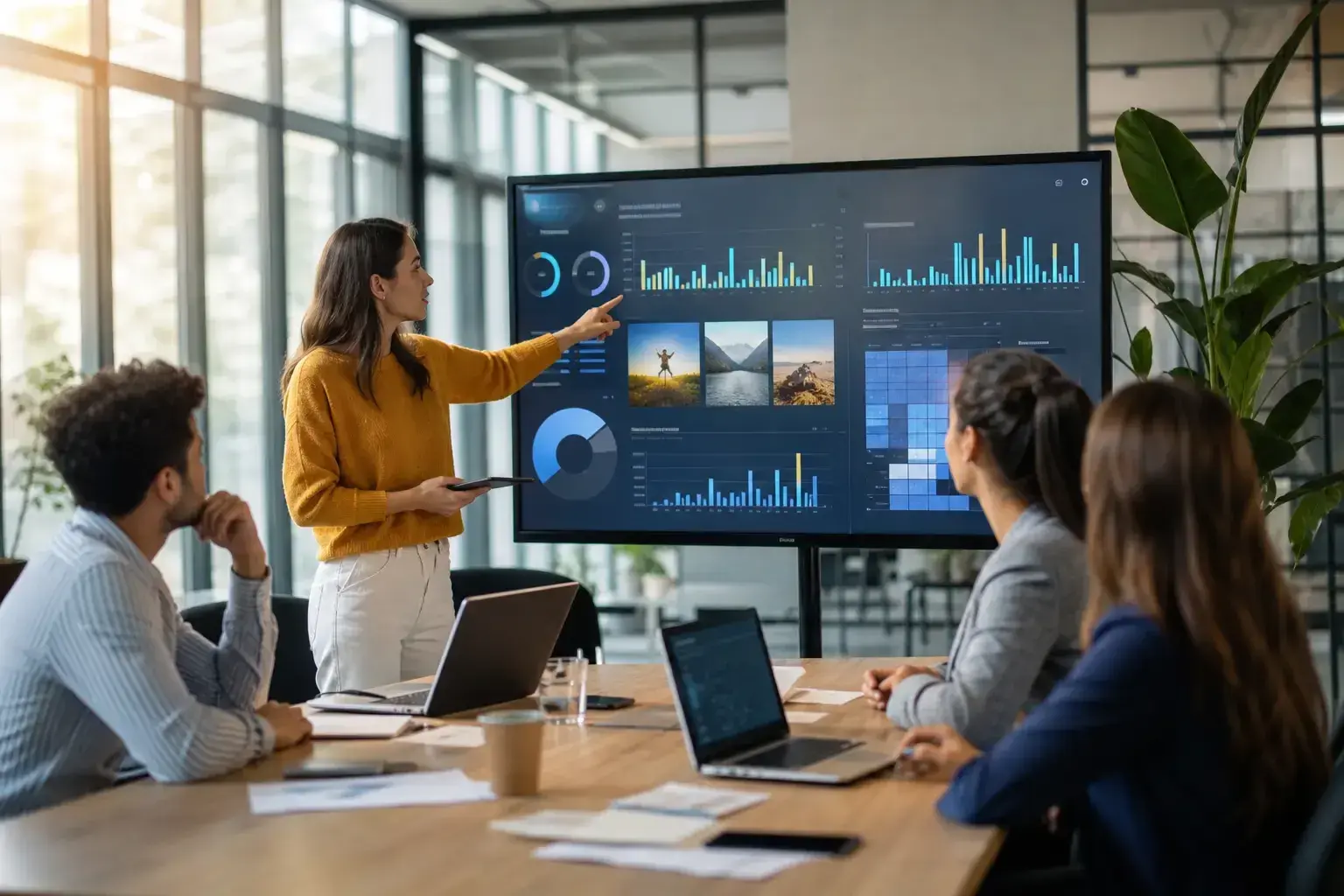 Marketing team reviewing campaign and lead performance data
