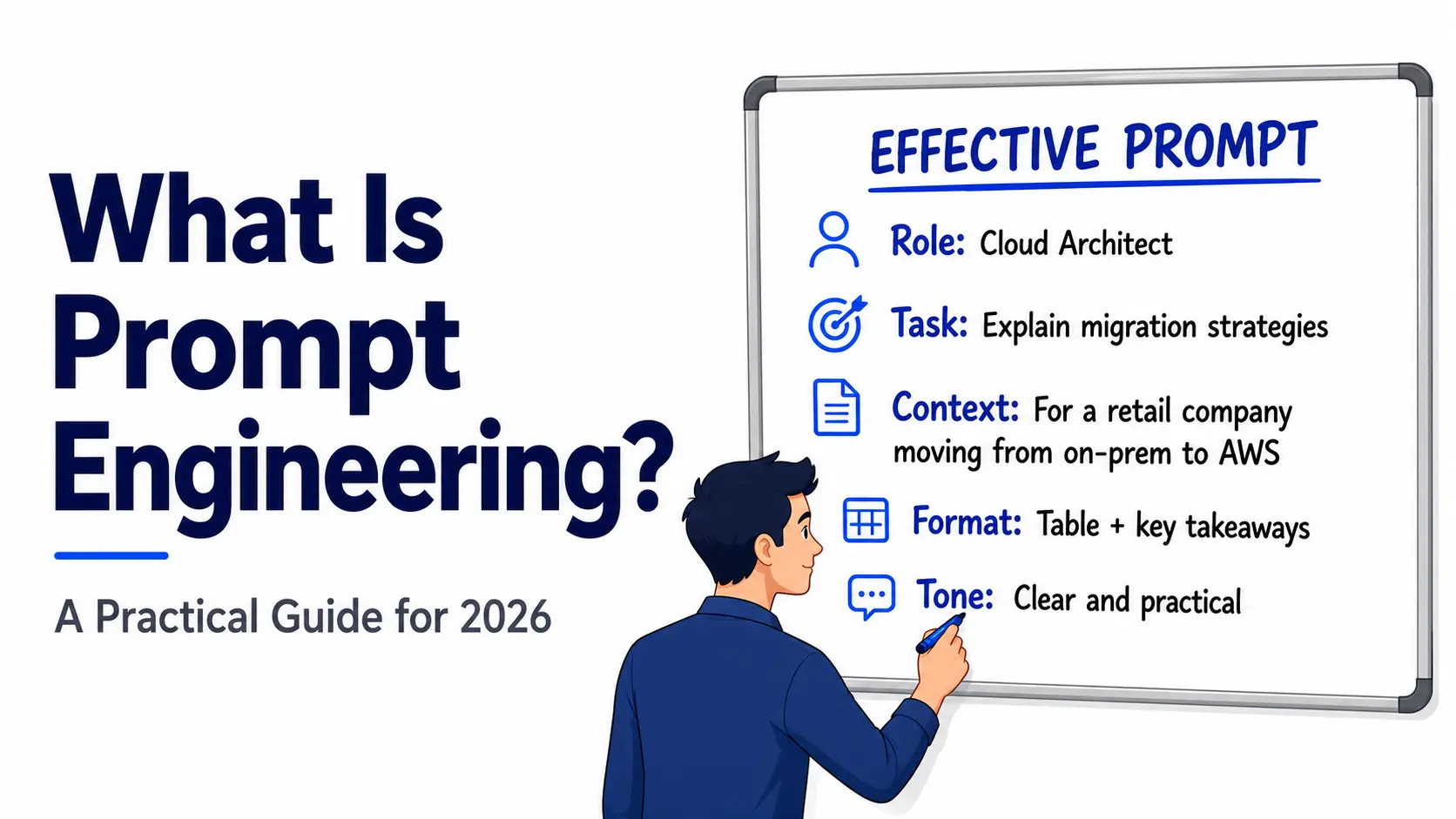 What Is Prompt Engineering? Practical Guide for 2026 Illustration of a person writing an effective AI prompt on a whiteboard beside the title "What Is Prompt Engineering?"