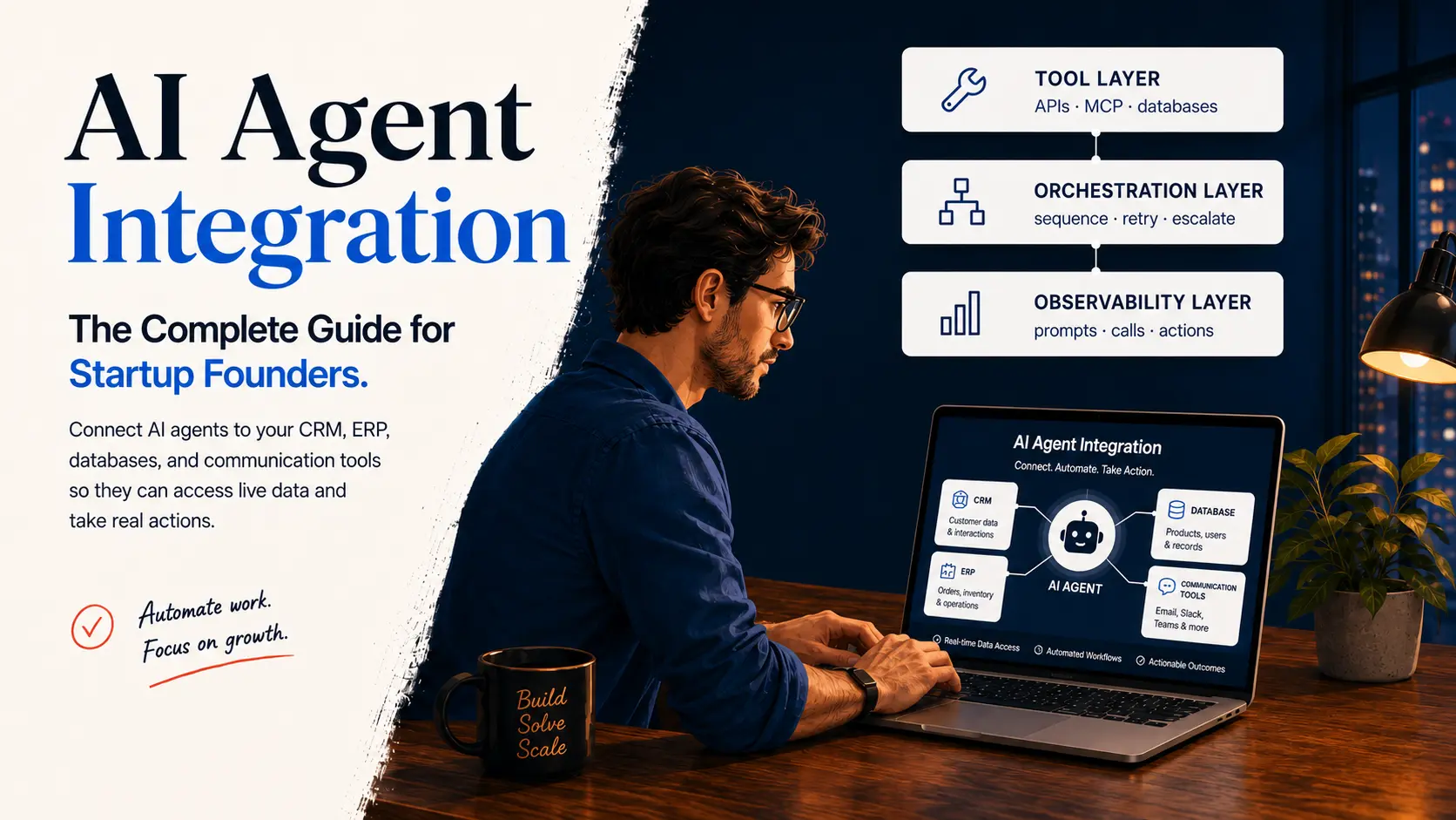 AI Agent Integration Guide for Startup Founders Startup founder using an AI agent integration platform with tool, orchestration, and observability layers.