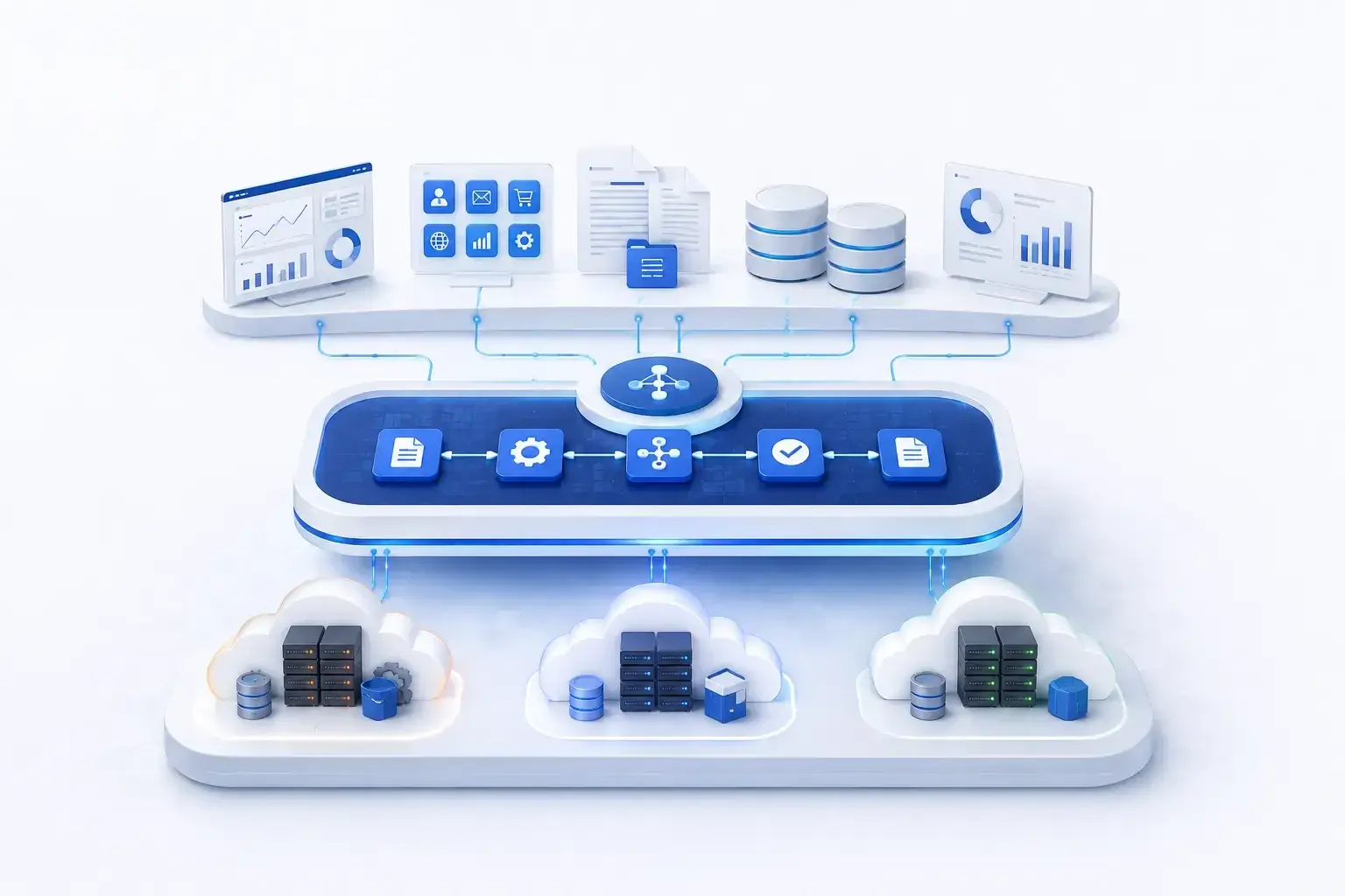 Multi-cloud AI automation platform connecting business applications, documents, databases, workflows, and cloud infrastructure through a centralized automation layer.
