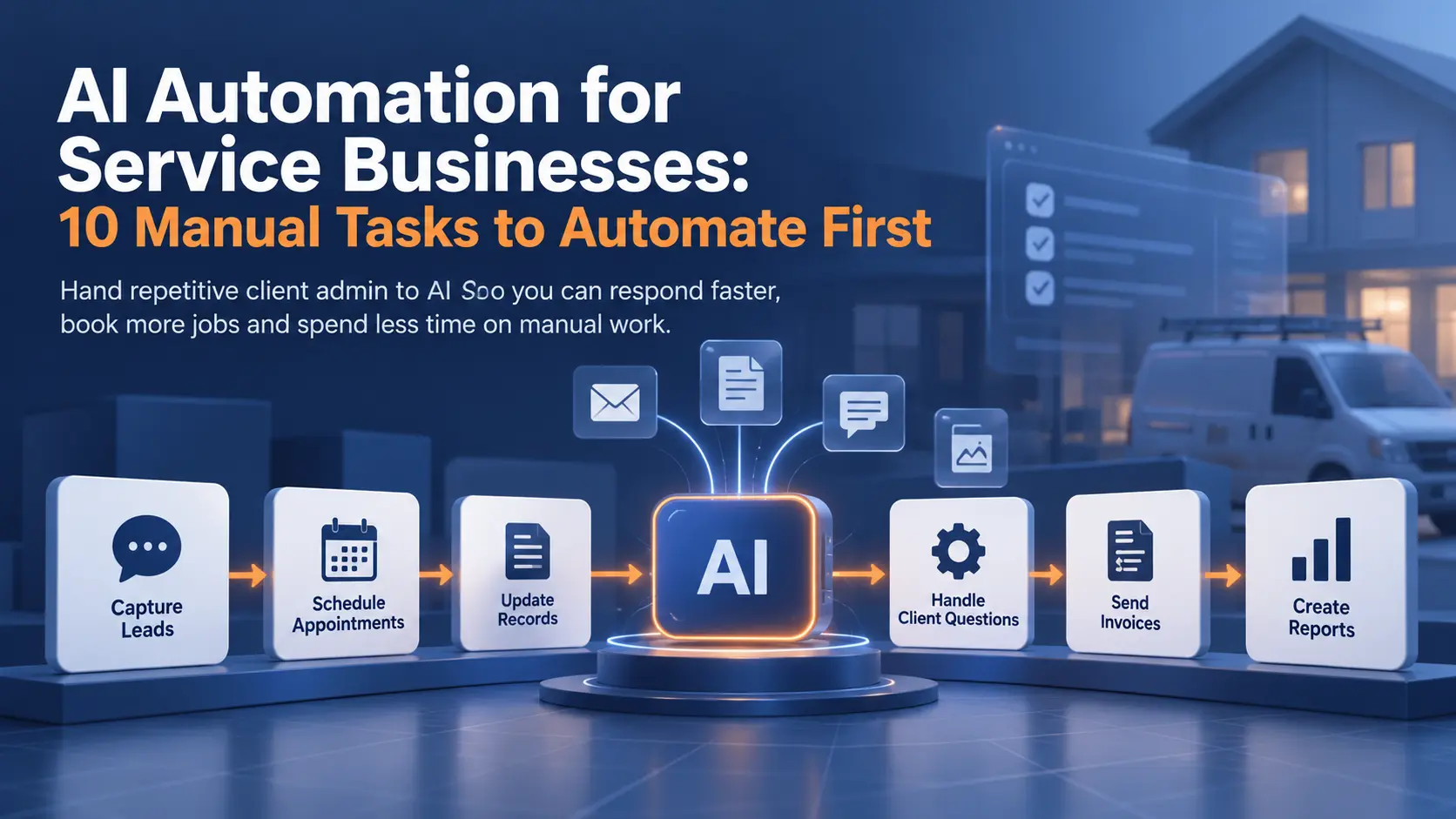 AI Automation for Service Businesses, 10 Manual Tasks Cover Service task cards for leads, scheduling, records, and invoices feeding an AI chip, under a 10 Manual Tasks headline.