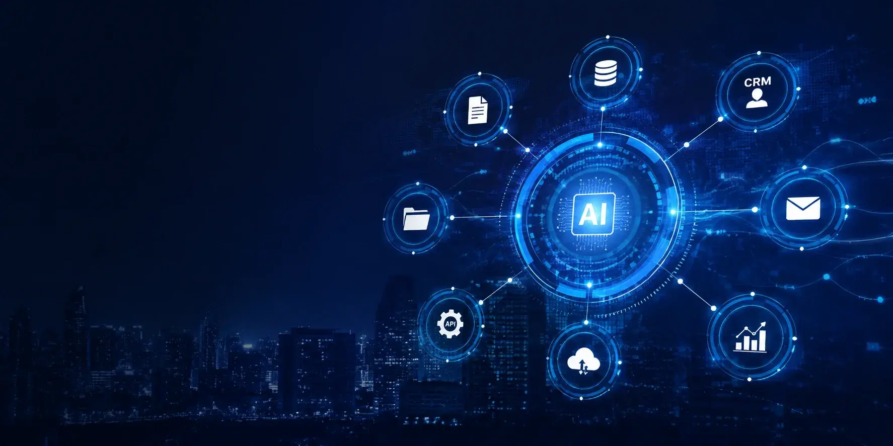AI workflow automation system connecting business applications, databases, CRM platforms, email systems, analytics tools, and APIs through intelligent process automation.