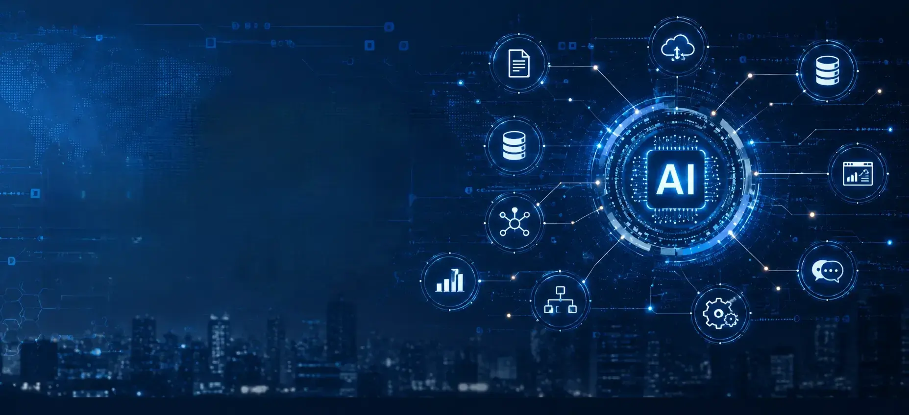 Abstract AI network connecting cloud, data, APIs, and digital technologies