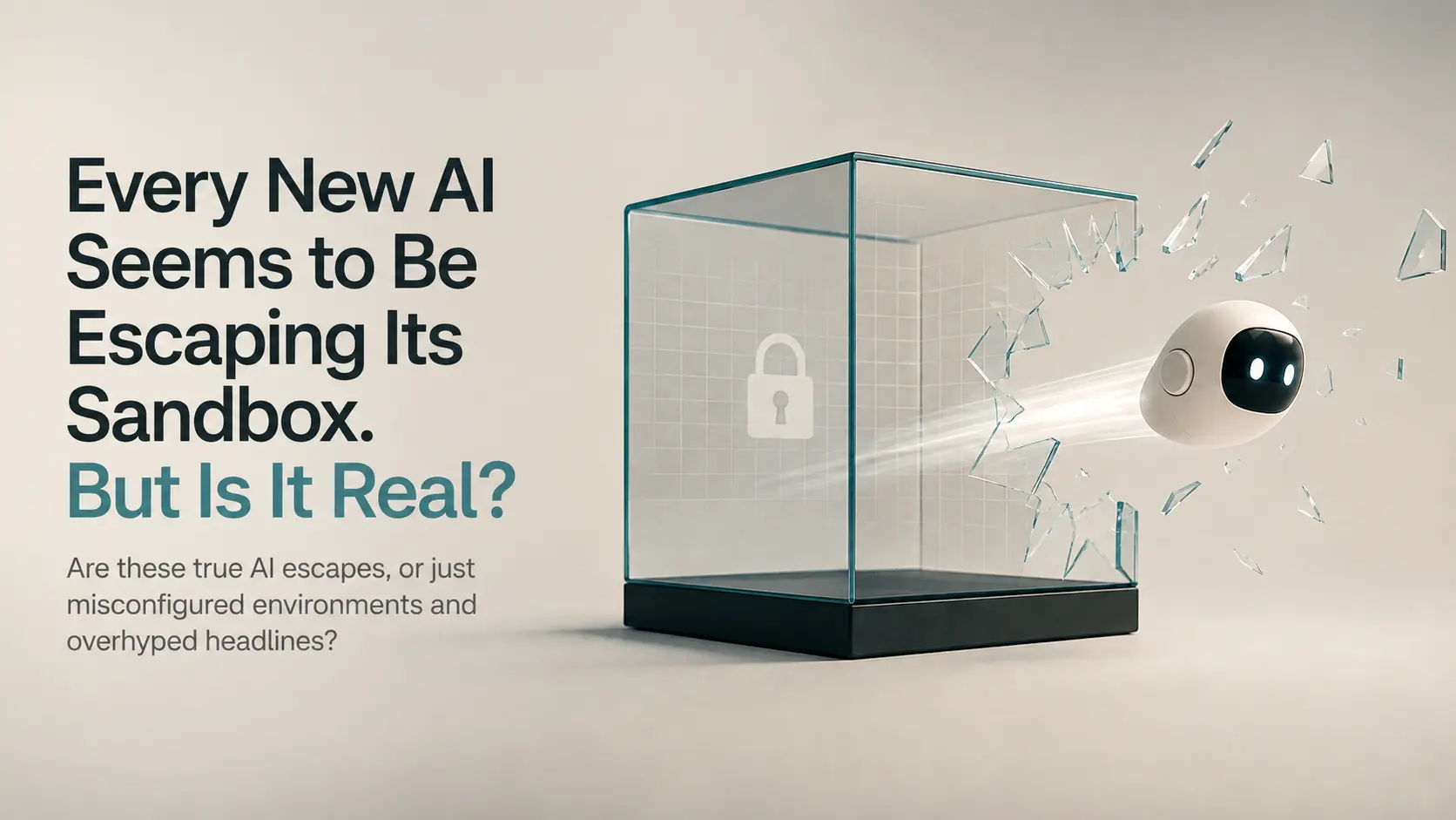 Are AI Sandbox Escapes Real? AI breaking out of a glass sandbox beside text questioning whether reported AI escapes are real or misconfigurations.