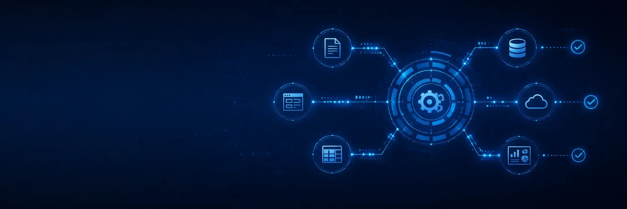 Dark blue automation workflow hub connecting documents, forms, spreadsheets, databases, cloud apps, and dashboards