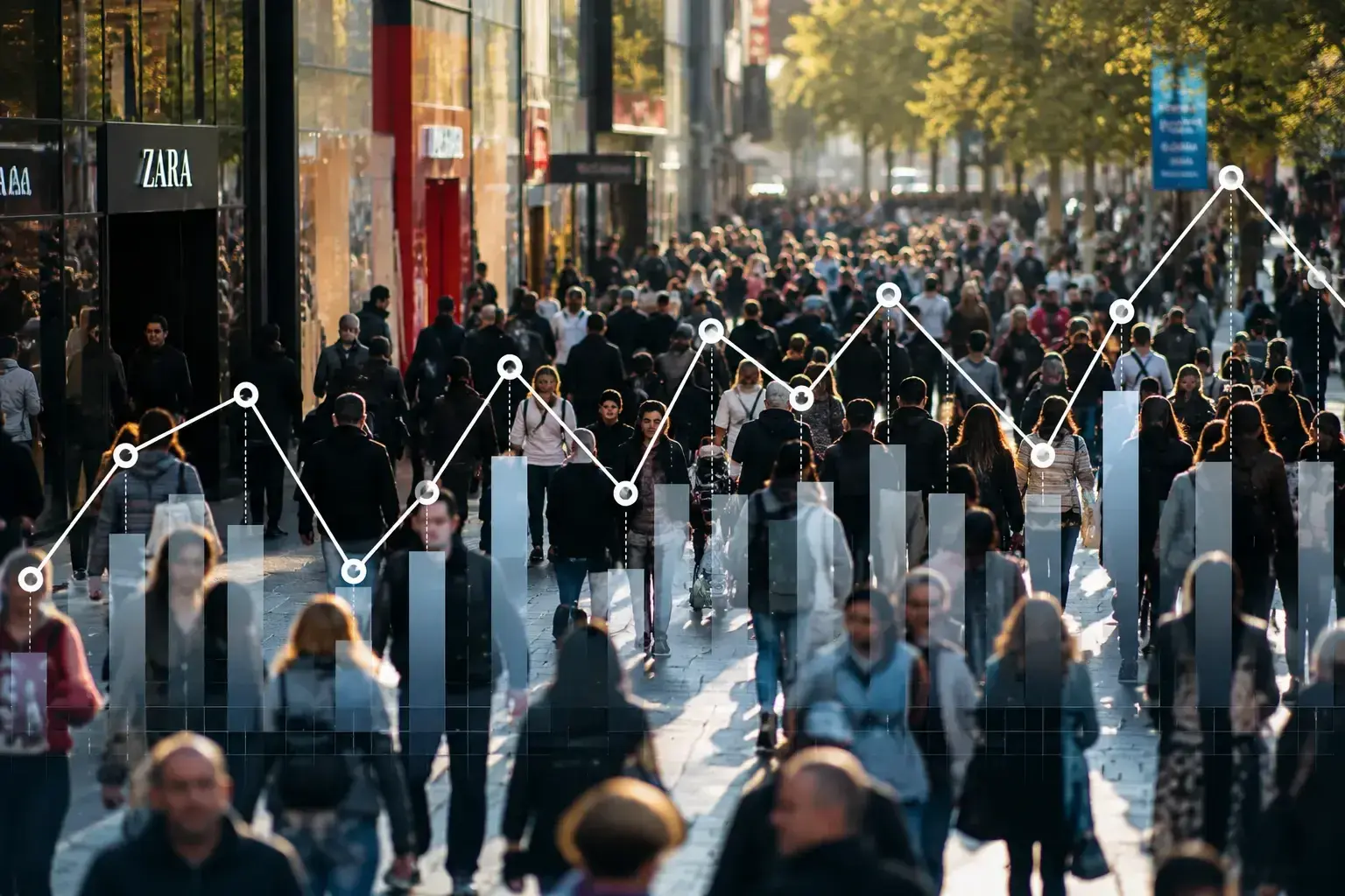 Crowd with trend data representing changes in Google search interest over time
