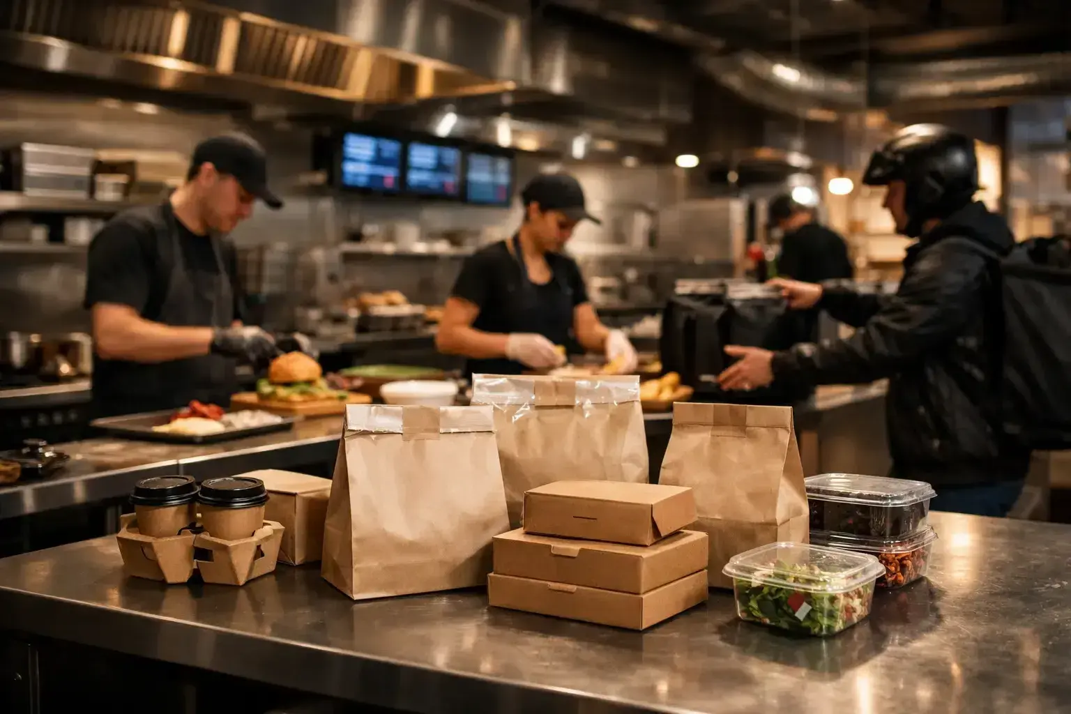 Restaurant staff preparing multiple online delivery orders during a busy service period