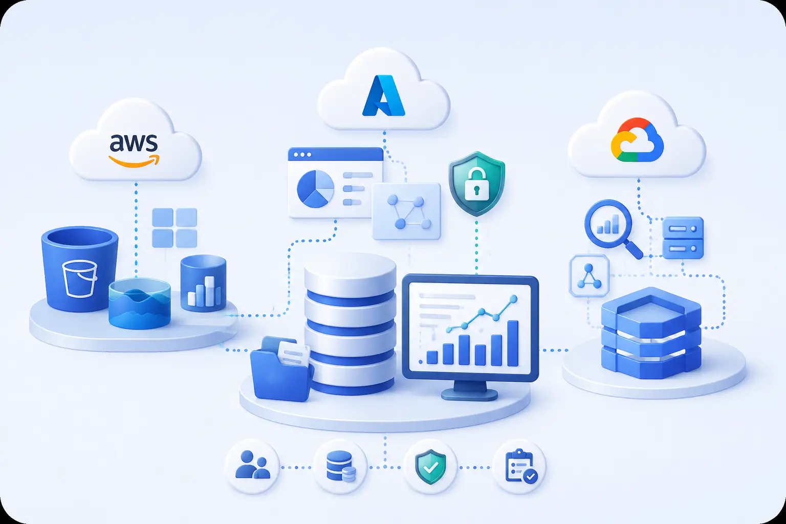 Cloud data management across AWS, Azure, and GCP with governance, metadata management, access controls, security, and analytics.