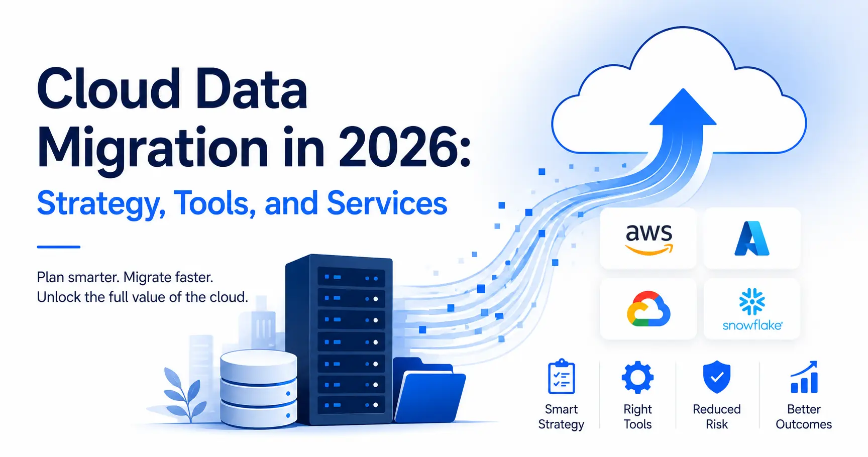 Cloud Data Migration Strategy, Tools, and Services (2026) Hero illustration for cloud data migration showing enterprise data moving to the cloud across AWS, Azure, Google Cloud, and Snowflake with a focus on strategy and modernization.