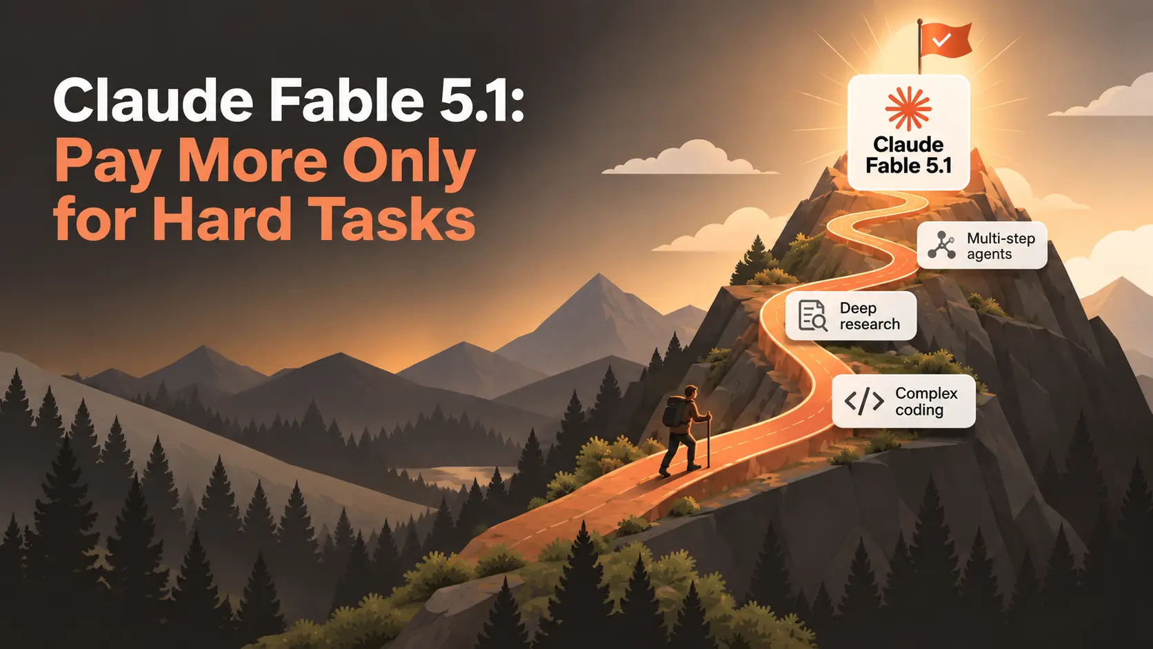 Claude Fable 5.1 for Hard Agentic Tasks Claude Fable 5.1 mountain graphic showing higher-cost use for complex coding, deep research, and multi-step agent tasks.