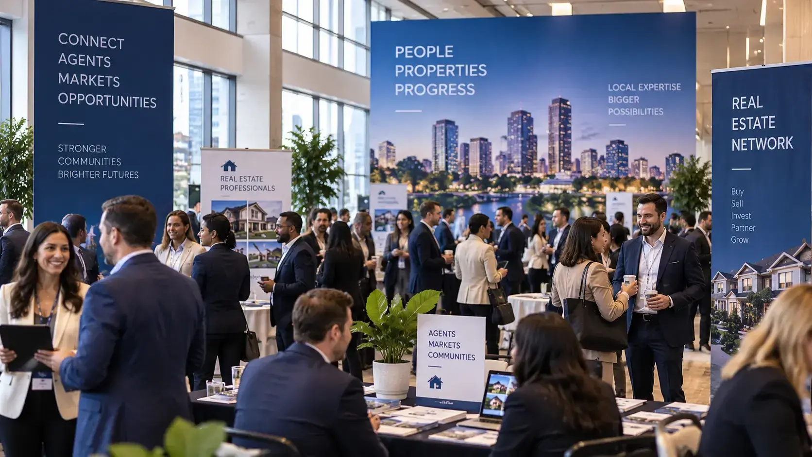 Real-estate professionals networking at an industry event representing agent discovery across multiple markets