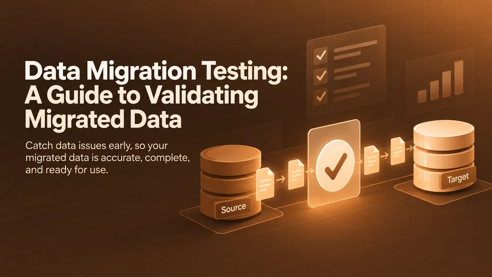 Data Migration Testing Guide for Validating Migrated Data Illustration of source data moving through validation checks into a target database during data migration testing.