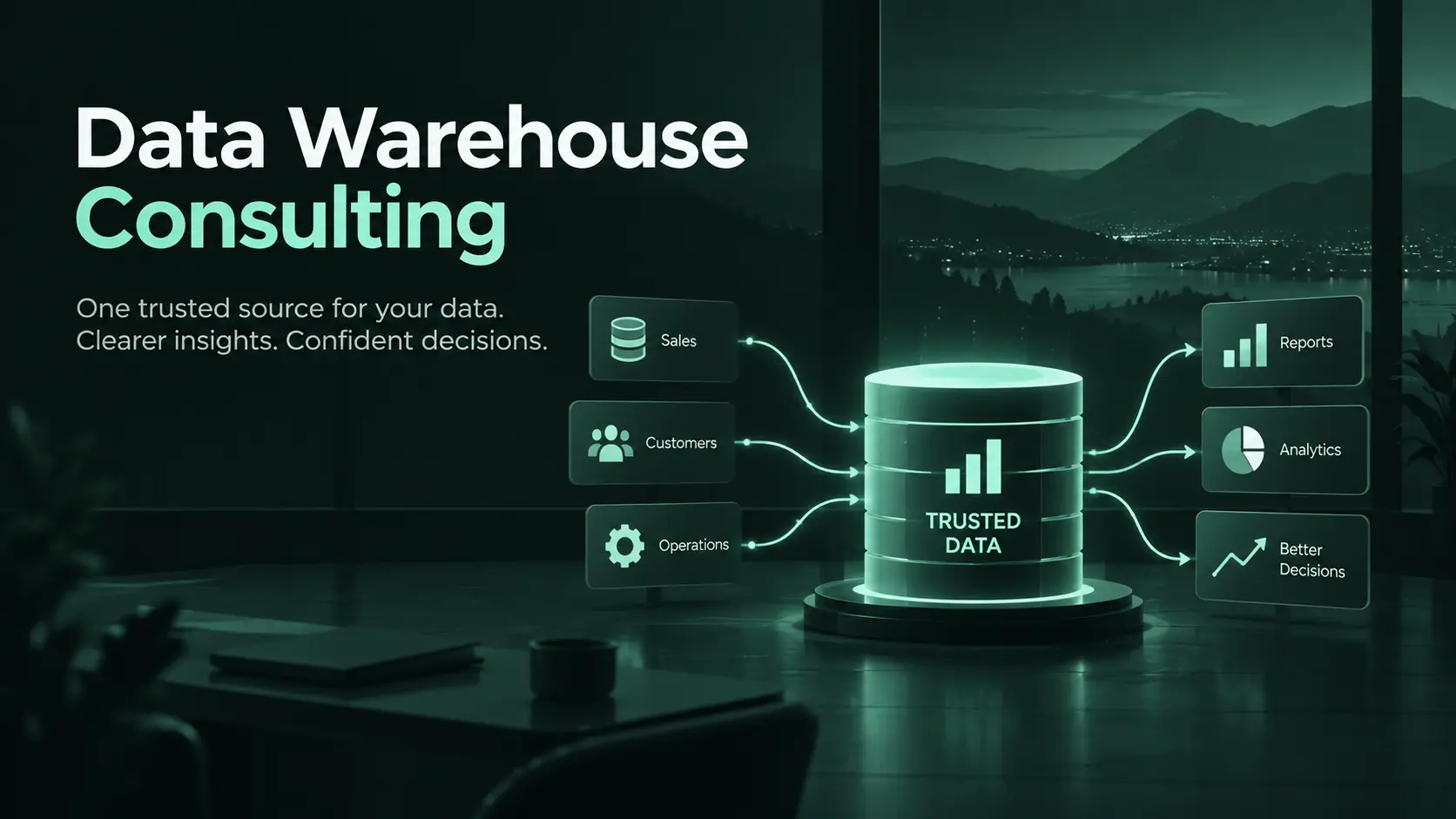 Data Warehouse Consulting for Trusted Analytics Data warehouse consulting graphic showing sales, customers, and operations flowing into trusted data for reports and analytics.