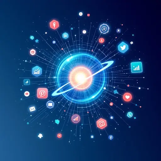 Glowing digital network surrounded by social media, analytics, and communication icons, representing automated marketing data collection and campaign management.