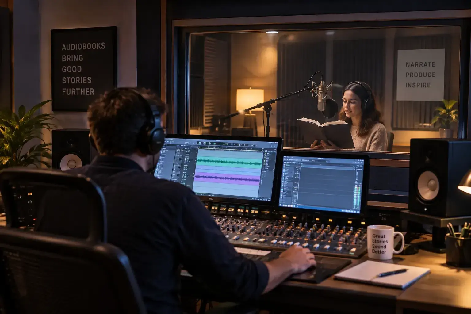 Audiobook Production & Book Prospecting Audiobook narrator reading a book in a recording studio while an audio producer manages the recording.