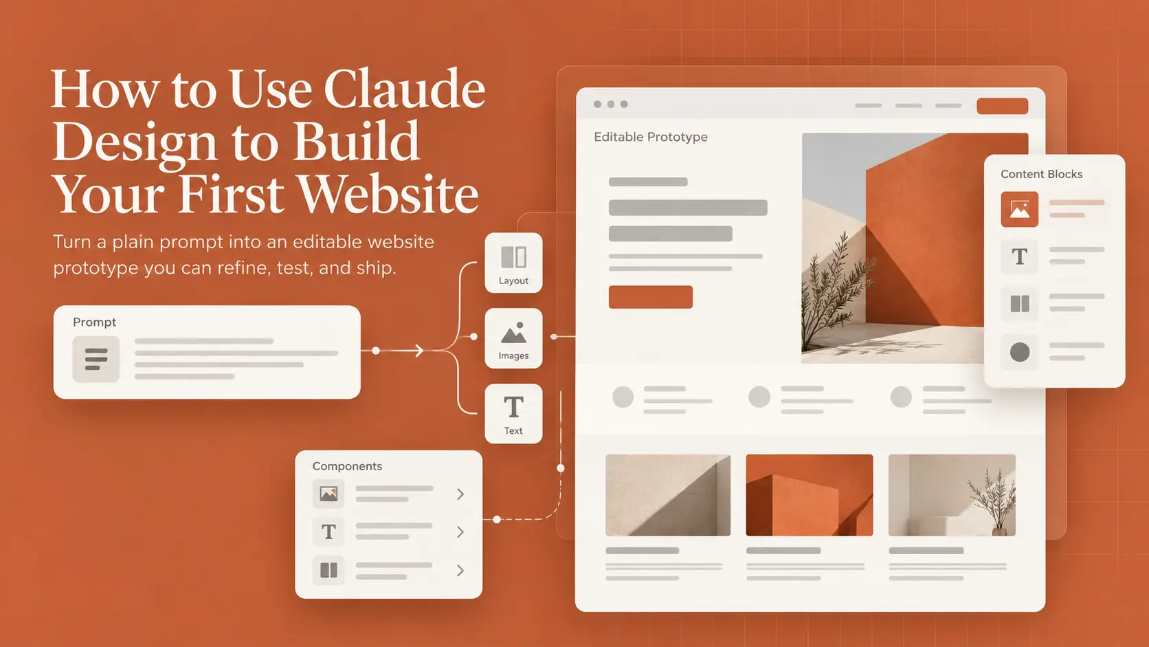 How to Use Claude Design to Build Your First Website Infographic showing Claude Design turning a prompt and content blocks into an editable website prototype.