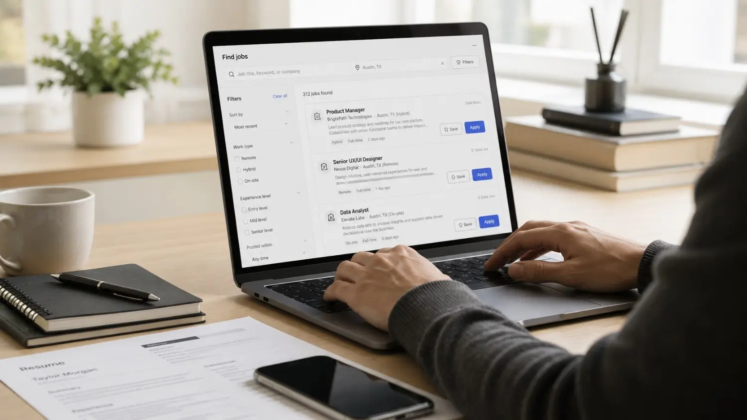 Job seeker browsing multiple job opportunities on a laptop with a resume, notebook, and phone nearby