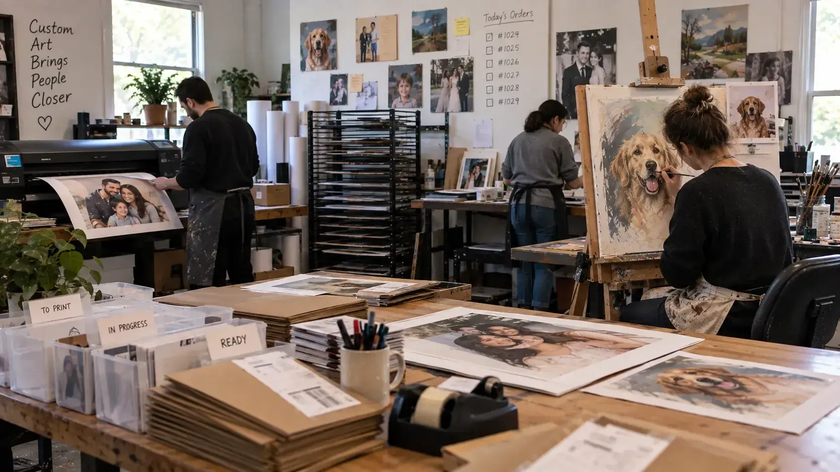 Personalized artwork studio processing custom portrait orders from painting through printing and fulfillment