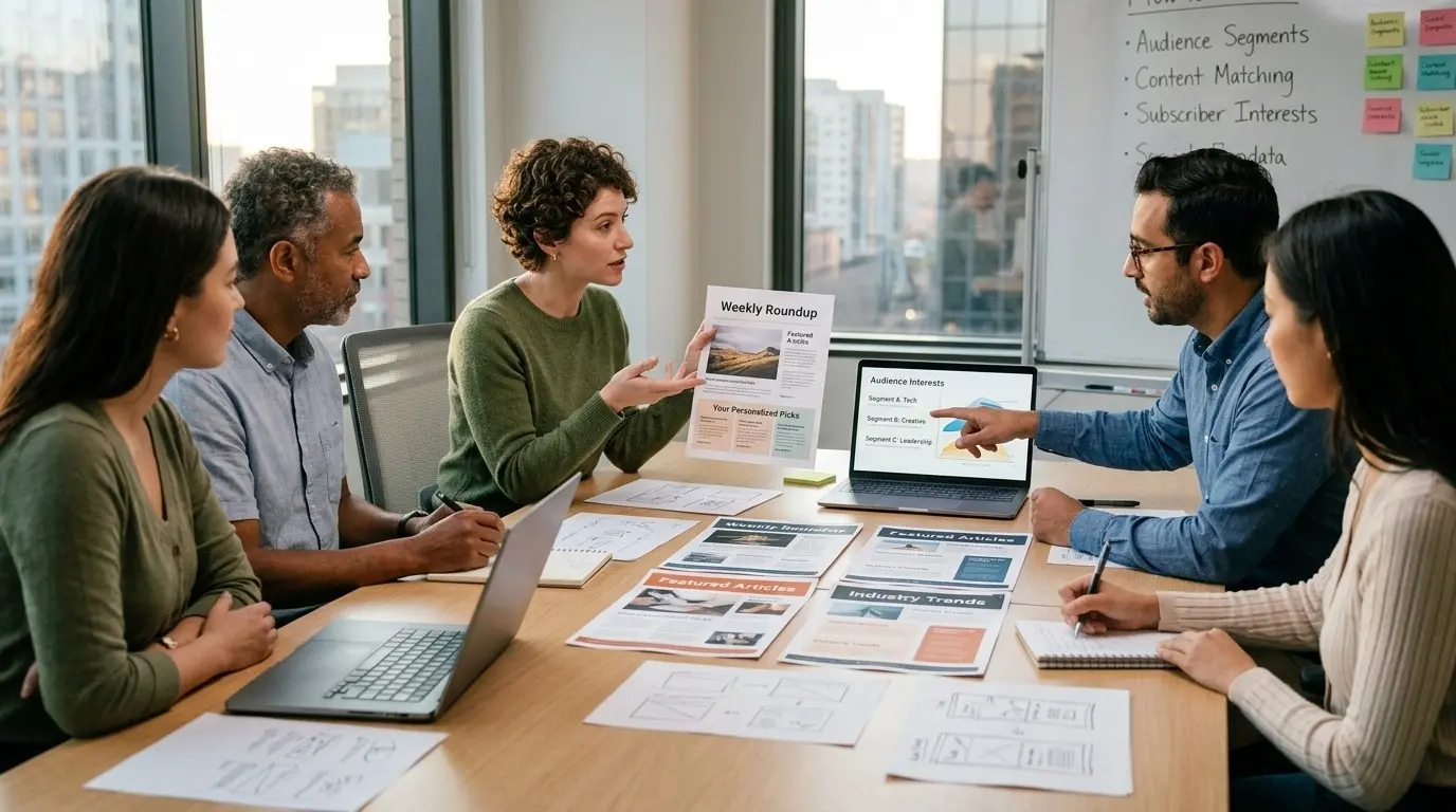 Marketing team preparing personalized newsletter content for subscribers