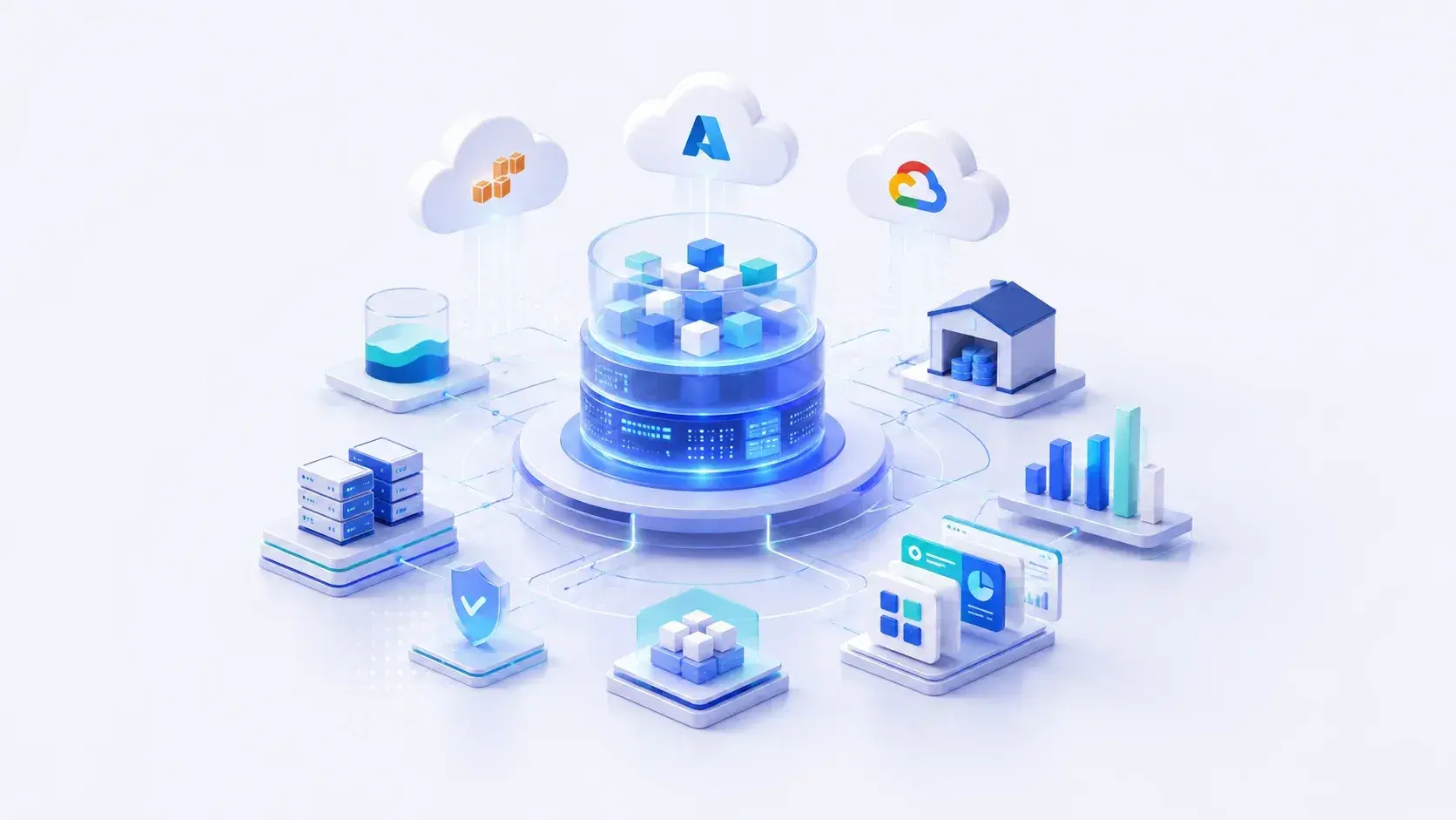 Centralized cloud-based data architecture connecting data lakes, warehouses, analytics platforms, governance controls, and business systems