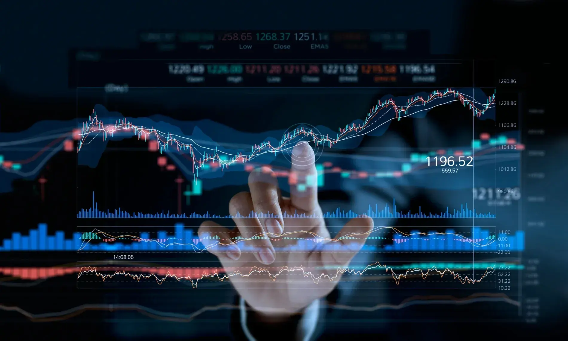  Financial analyst reviewing market news and trading data across multiple screens