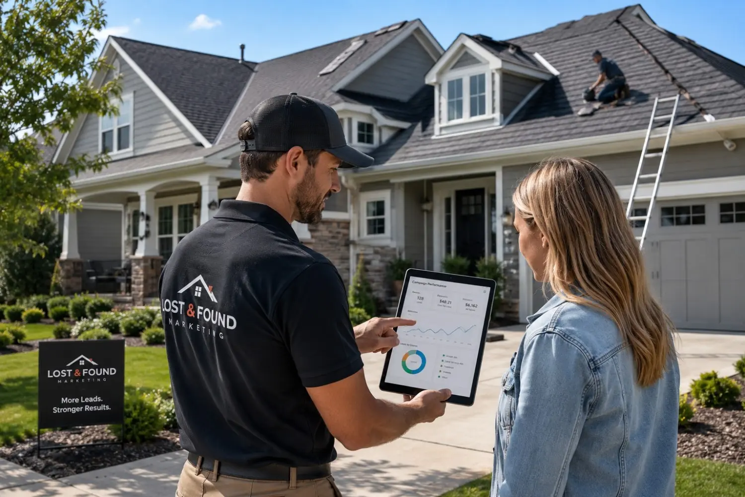 Roofing contractor reviewing marketing performance with a homeowner outside a residential property