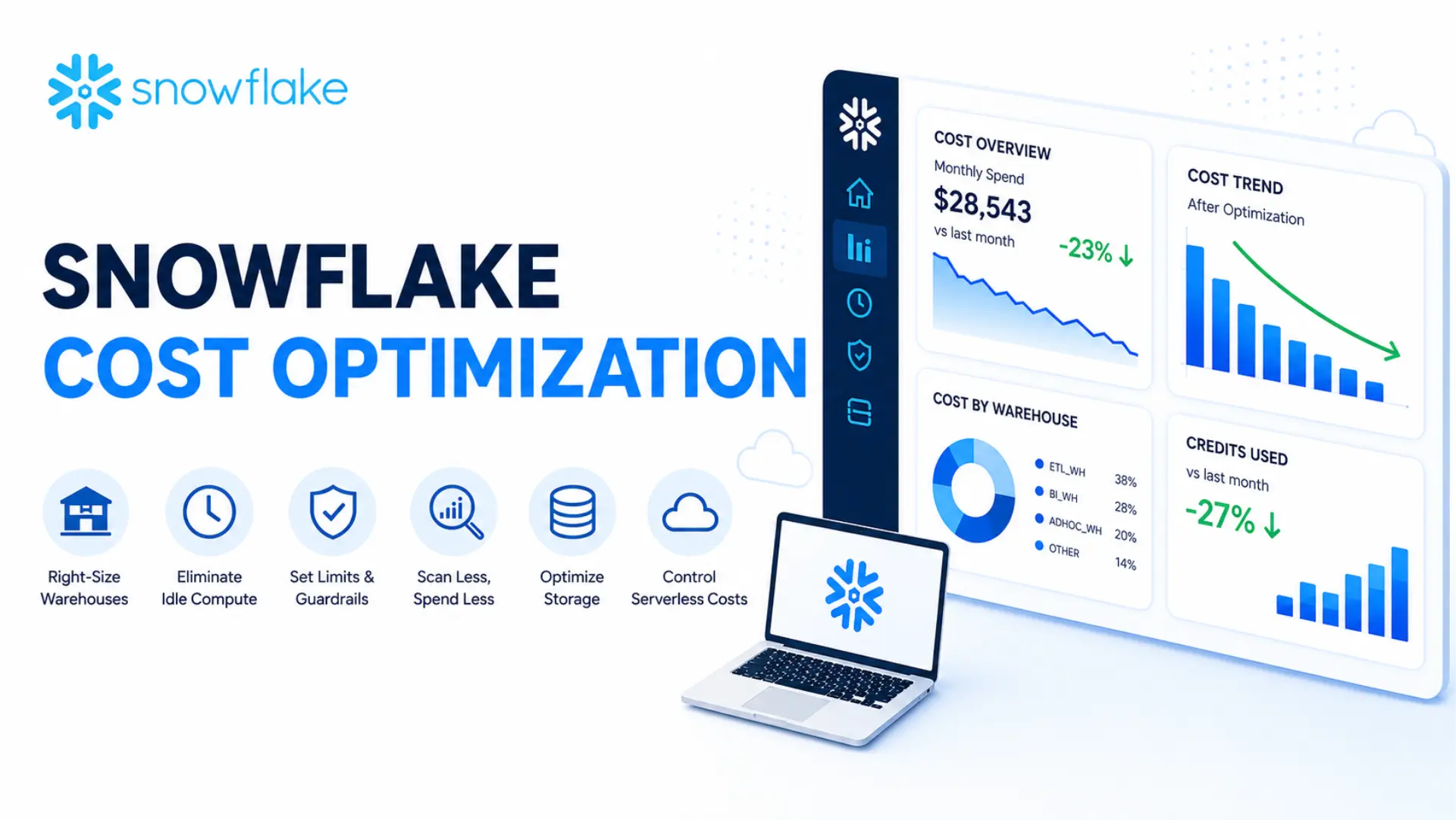 Snowflake Cost Optimization Strategies Snowflake cost optimization dashboard showing reduced monthly spend, lower credit usage, and six cost-control strategies.